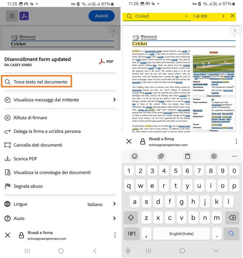 Nuovo menu Opzioni per l’esperienza del destinatario sul dispositivo mobile con la ricerca di testo evidenziata