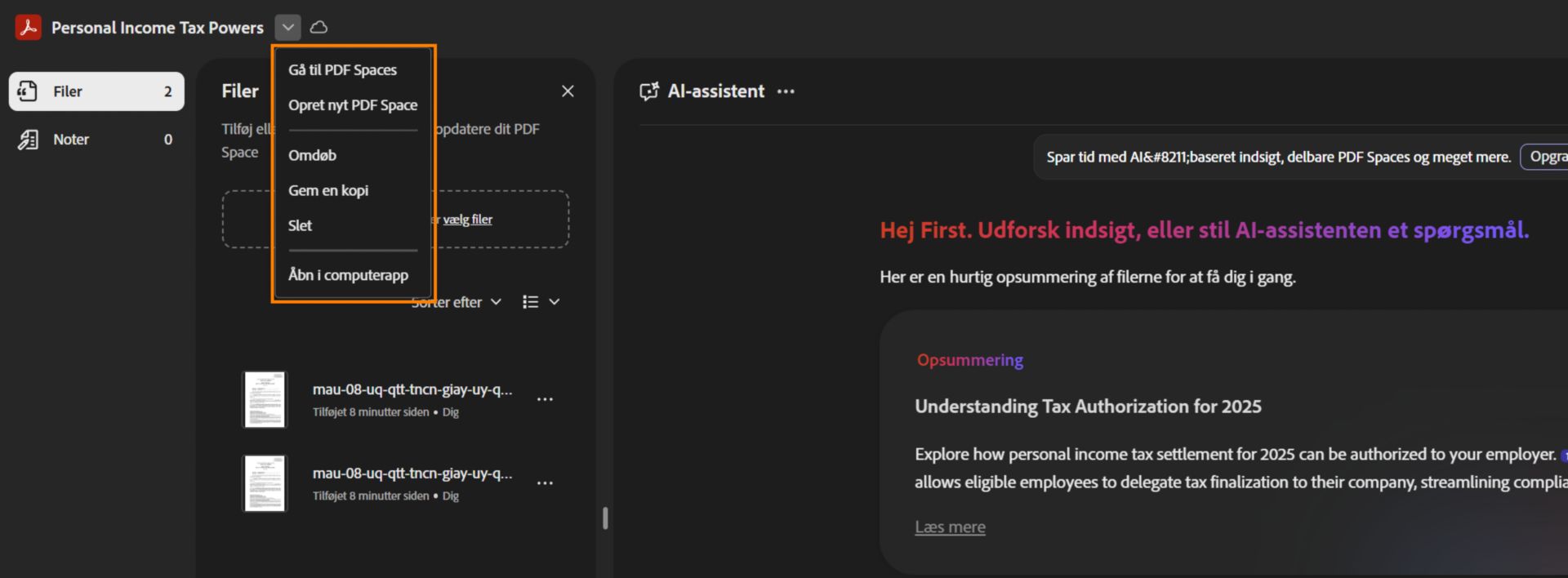 Menuen Indstillinger åbnet fra PDF Space-navnet, der viser handlinger som Gå til PDF Spaces, Opret ny PDF Space, Omdøb, Gem en kopi, Slet og Åbn i computerapp.