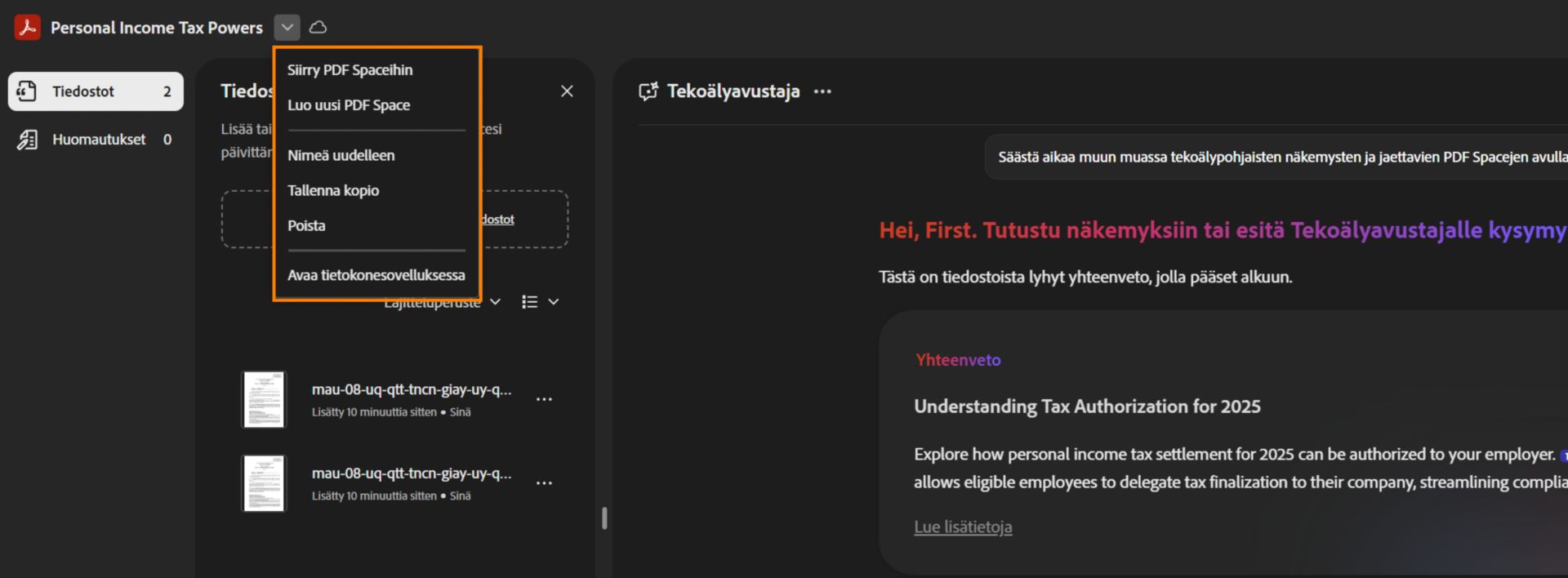 PDF Spaces -nimestä avattu valikko, jossa näkyvät toiminnot, kuten Siirry PDF Spaces -tilaan, Luo uusi PDF Space, Nimeä uudelleen, Tallenna kopio, Poista ja Avaa työpöytäsovelluksessa.