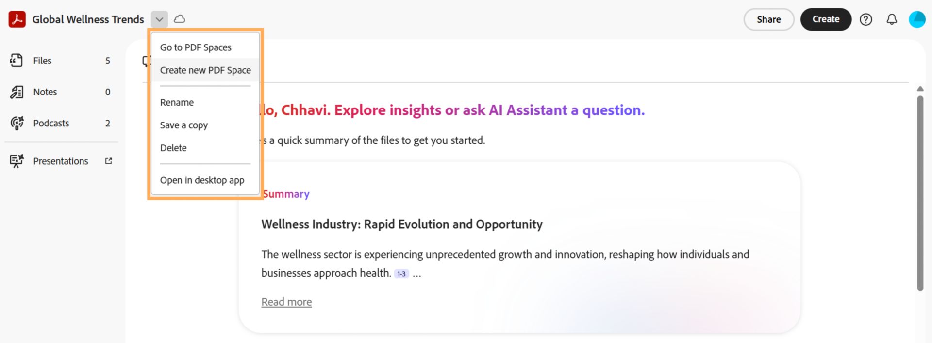 Nabuksan ang options menu mula sa pangalan ng PDF Space, na nagpapakita ng mga aksyon tulad ng Go to PDF Spaces, Create new PDF Space, Rename, Save a copy, Delete, at Open in desktop app.