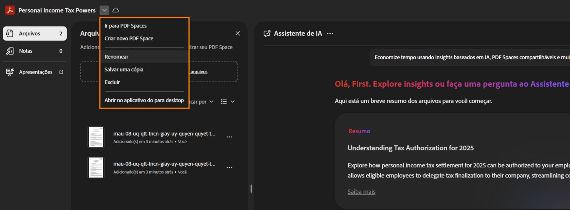 Menu de opções aberto do nome do PDF Space, mostrando ações como Ir para PDF Spaces, Criar novo PDF Space, Renomear, Salvar uma cópia, Excluir e Abrir no aplicativo de desktop.