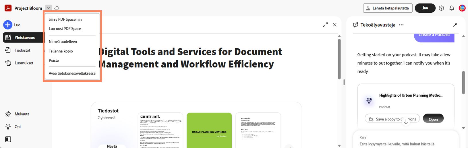 PDF Spaces -nimestä avattu valikko, jossa näkyvät toiminnot, kuten Siirry PDF Spaces -tilaan, Luo uusi PDF Space, Nimeä uudelleen, Tallenna kopio, Poista ja Avaa työpöytäsovelluksessa.