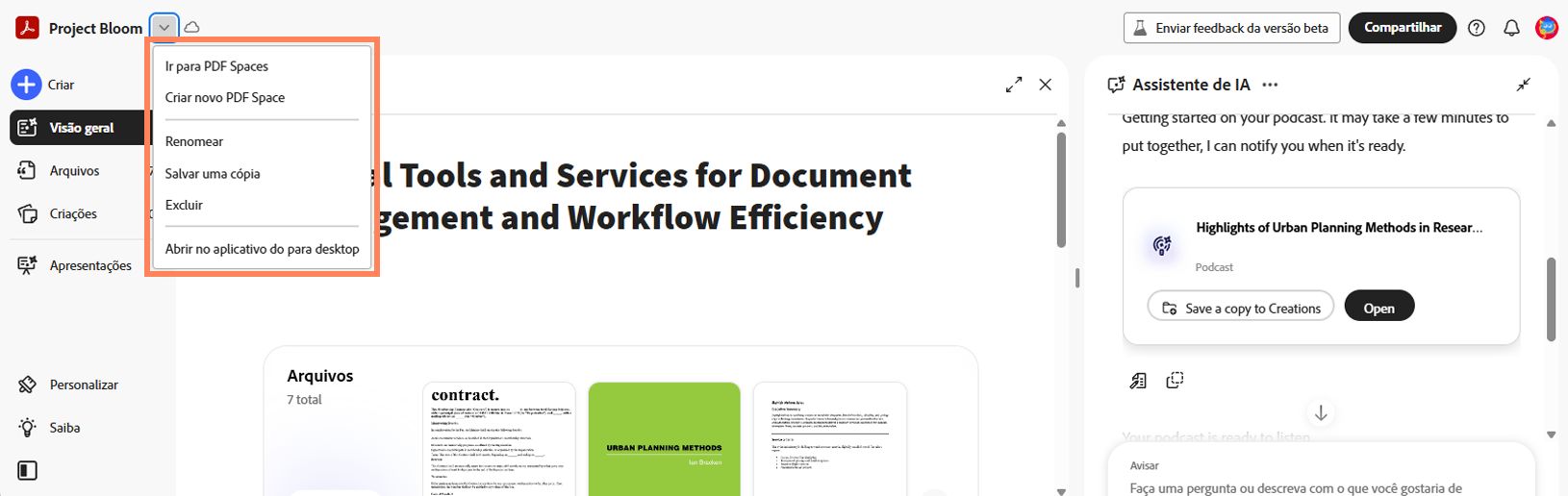 Menu de opções aberto do nome do PDF Space, mostrando ações como Ir para PDF Spaces, Criar novo PDF Space, Renomear, Salvar uma cópia, Excluir e Abrir no aplicativo de desktop.