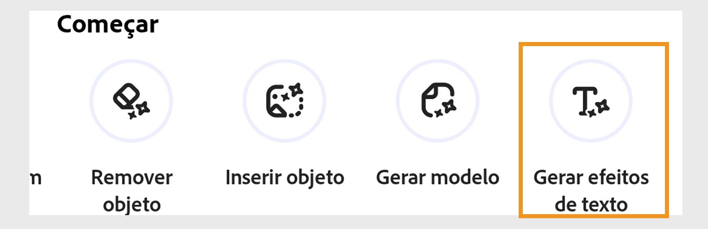 Opções em Começar que mostram Gerar imagem, Remover objeto, Inserir objeto, Gerar modelo e Gerar efeito de texto com Gerar efeito de texto destacado.