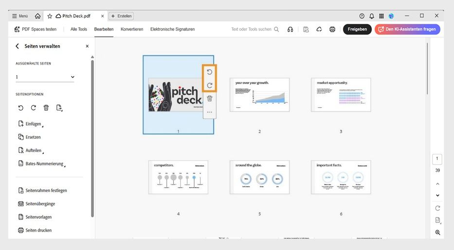 Ansicht „Seiten organisieren&quot; mit Optionen zum Einfügen, Ersetzen oder Teilen von Seiten in einer PDF-Datei.
