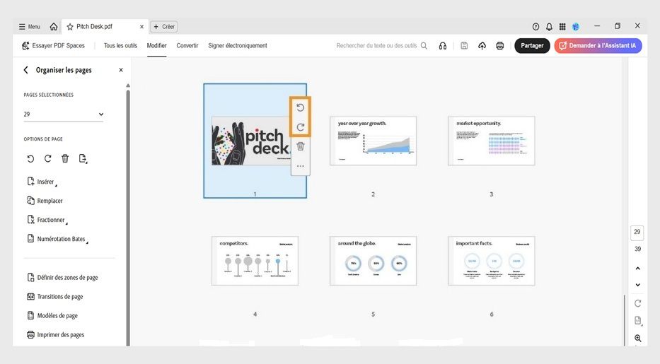 Vue Organiser les pages montrant les options permettant d’insérer, de remplacer ou de diviser des pages dans un fichier PDF.