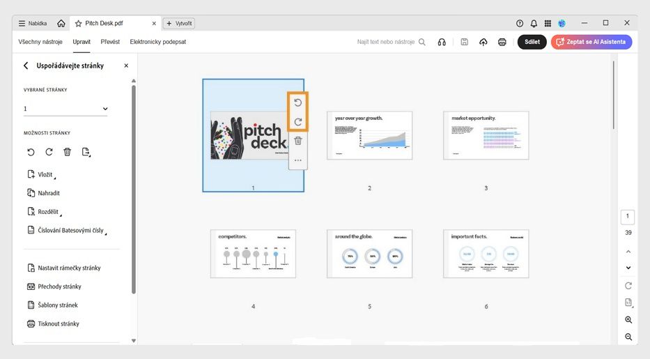Zobrazení Uspořádání stránek s možnostmi vložení, nahrazení nebo rozdělení stránek v souboru PDF.