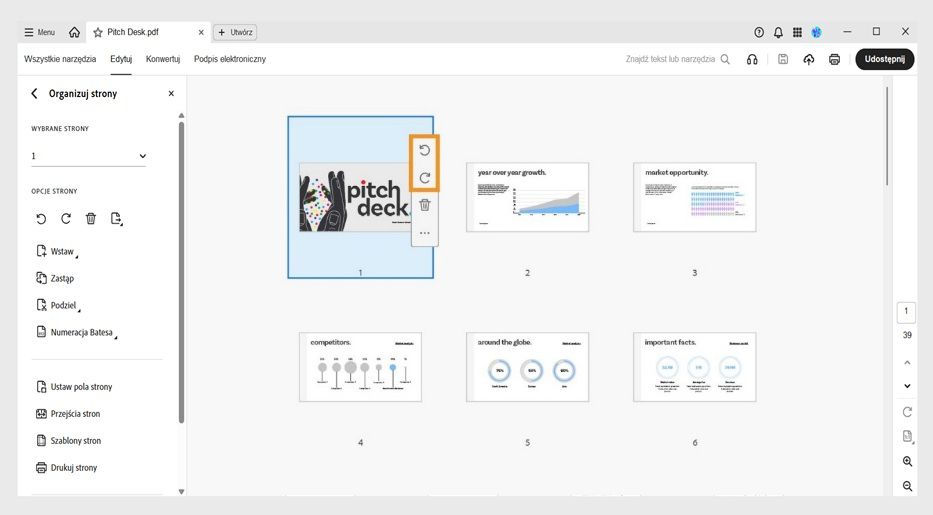 Widok Organizuj strony pokazujący opcje wstawiania, zastępowania lub dzielenia stron w pliku PDF.