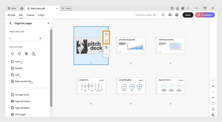 Ang view ng Organize Pages na nagpapakita ng mga opsyon para mag-insert, magpalit, o mag-split ng mga pahina sa isang PDF file.
