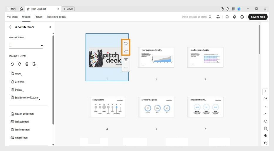 V pogledu Razvrščanje strani so prikazane možnosti za vstavljanje, zamenjavo ali razdelitev strani v datoteki PDF.