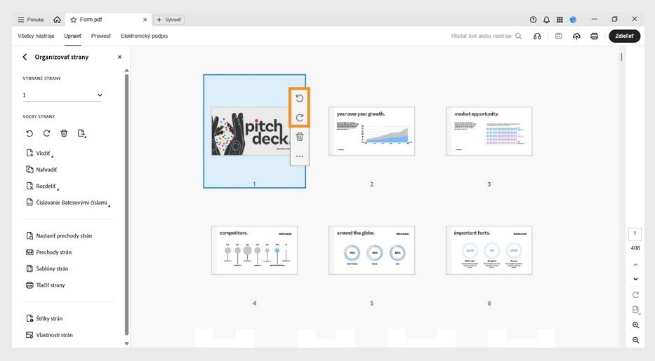 Zobrazenie Usporiadanie strán s možnosťami vloženia, nahradenia alebo rozdelenia strán v PDF súbore.