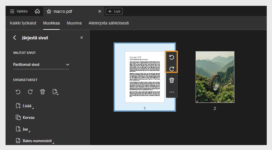 Järjestä sivut -näkymä, jossa näkyy vaihtoehdot sivujen lisäämiseen, korvaamiseen tai jakamiseen PDF-tiedostossa.