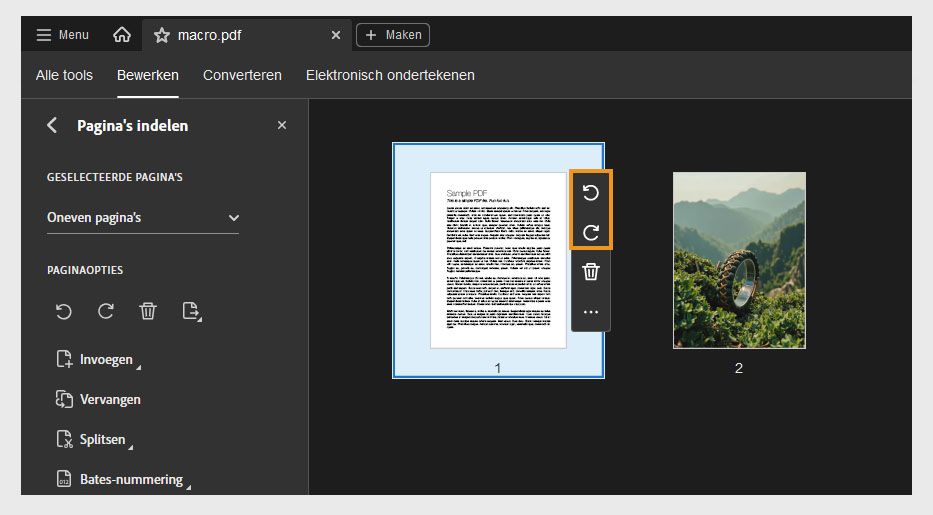 Weergave van Pagina's indelen met opties om pagina's in een PDF-bestand in te voegen, te vervangen of te splitsen.