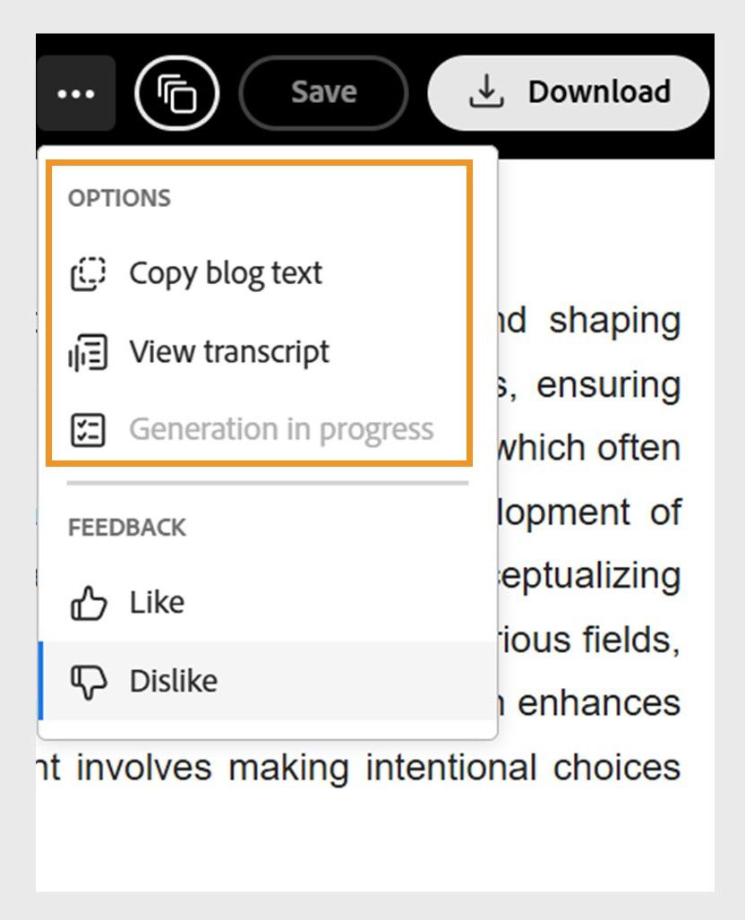 Blog top bar menu showing additional options menu