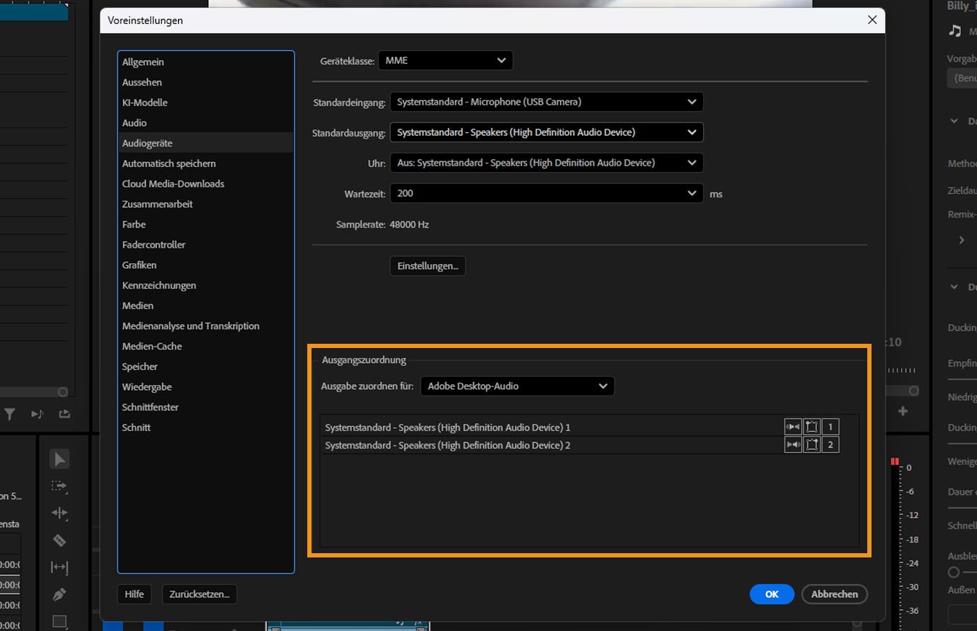 Abschnitt „Ausgangszuordnung“ in den Voreinstellungen für das Audiogerät, wobei Audiokanäle den Geräteausgängen zugeordnet sind.