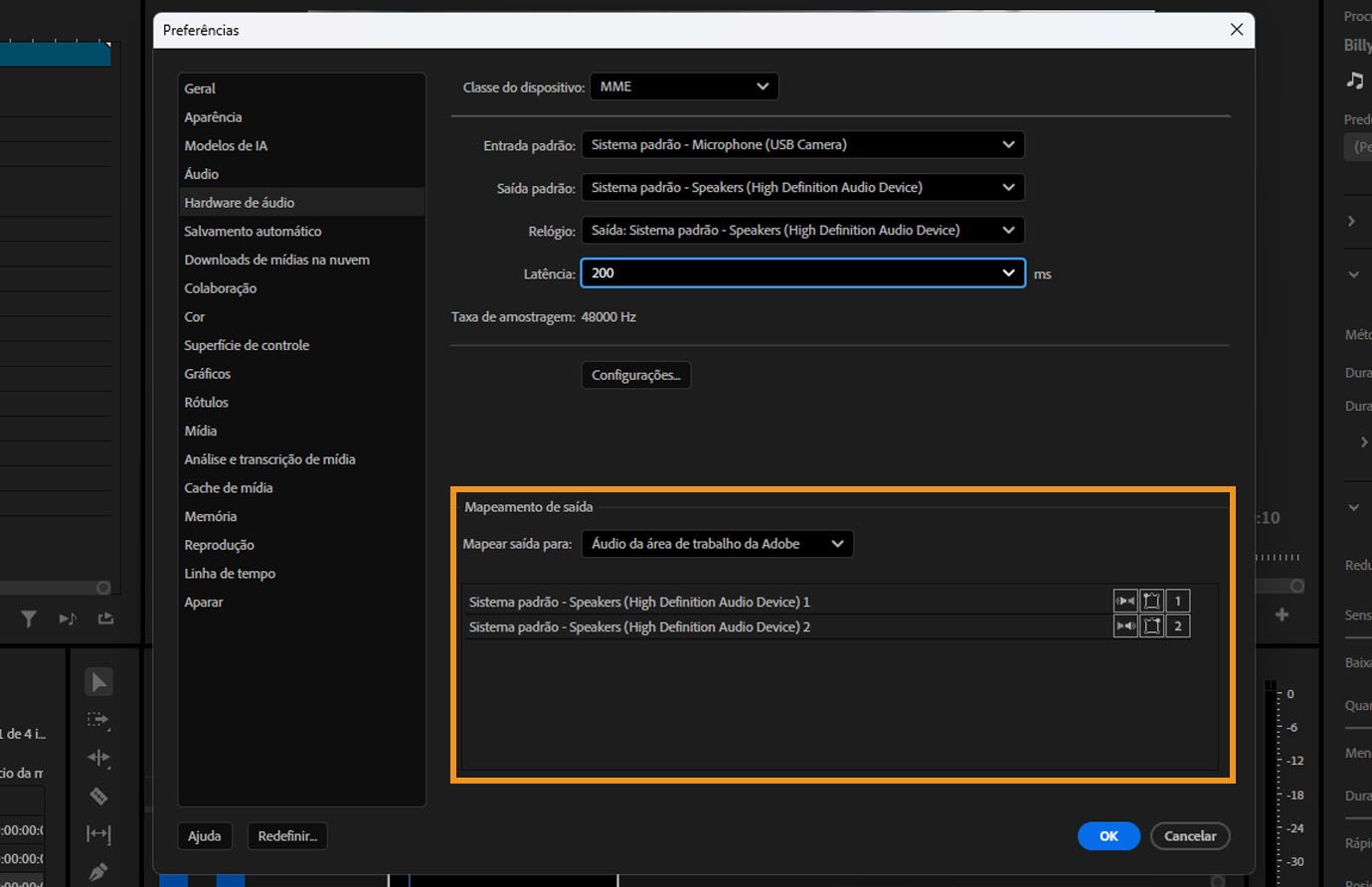 Seção de “Mapeamento de saídas” nas preferências de “Hardware de áudio”, com canais de áudio atribuídos às saídas do dispositivo.