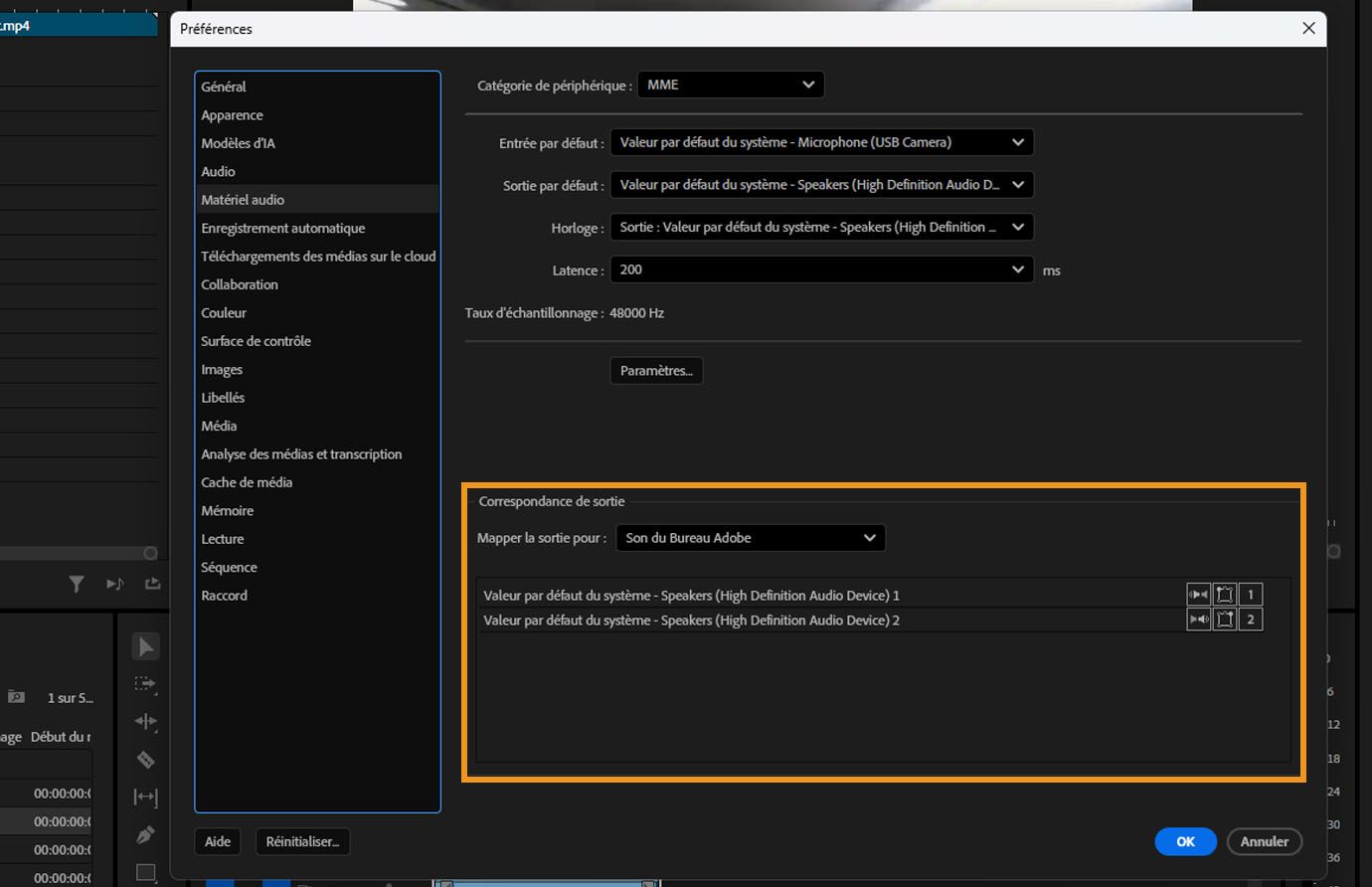 Section de mappage de la sortie dans les préférences du matériel audio avec des canaux audio affectés à des sorties d’appareil.