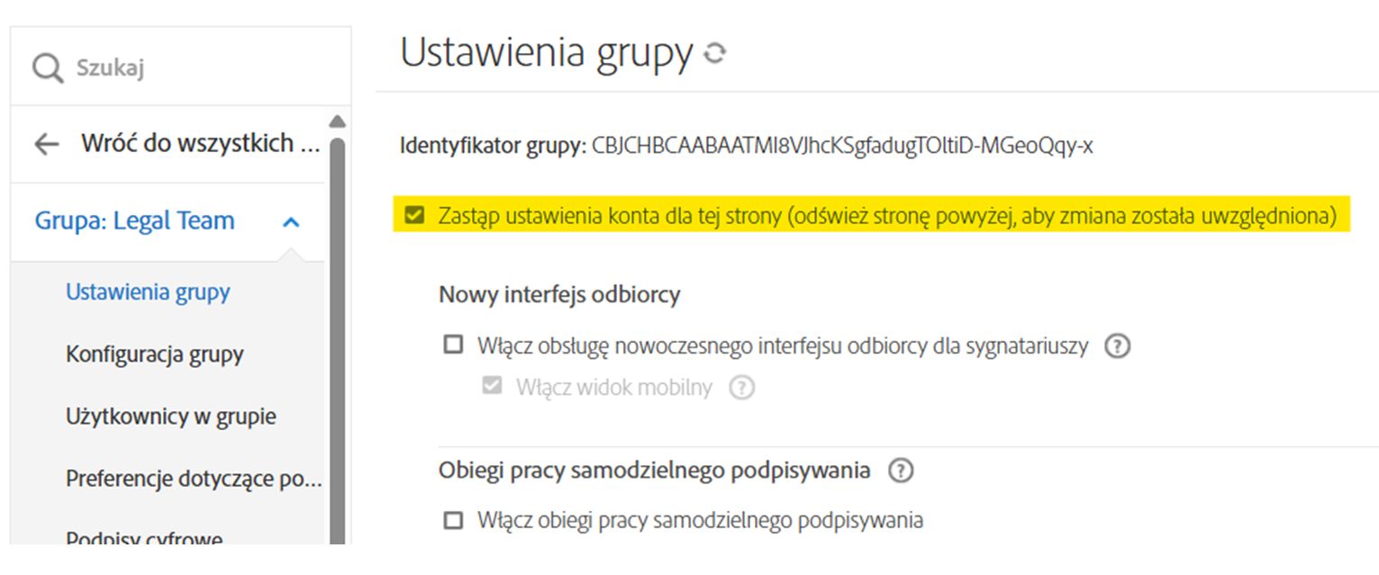 Strona ustawień grupy z podświetlonym polem wyboru nadpisywania.