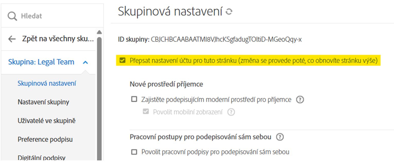Stránka nastavení skupiny se zvýrazněným zaškrtávacím políčkem pro přepsání.