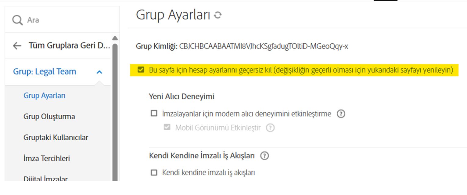 Geçersiz kılma onay kutusunun vurgulandığı grup ayarları sayfası.