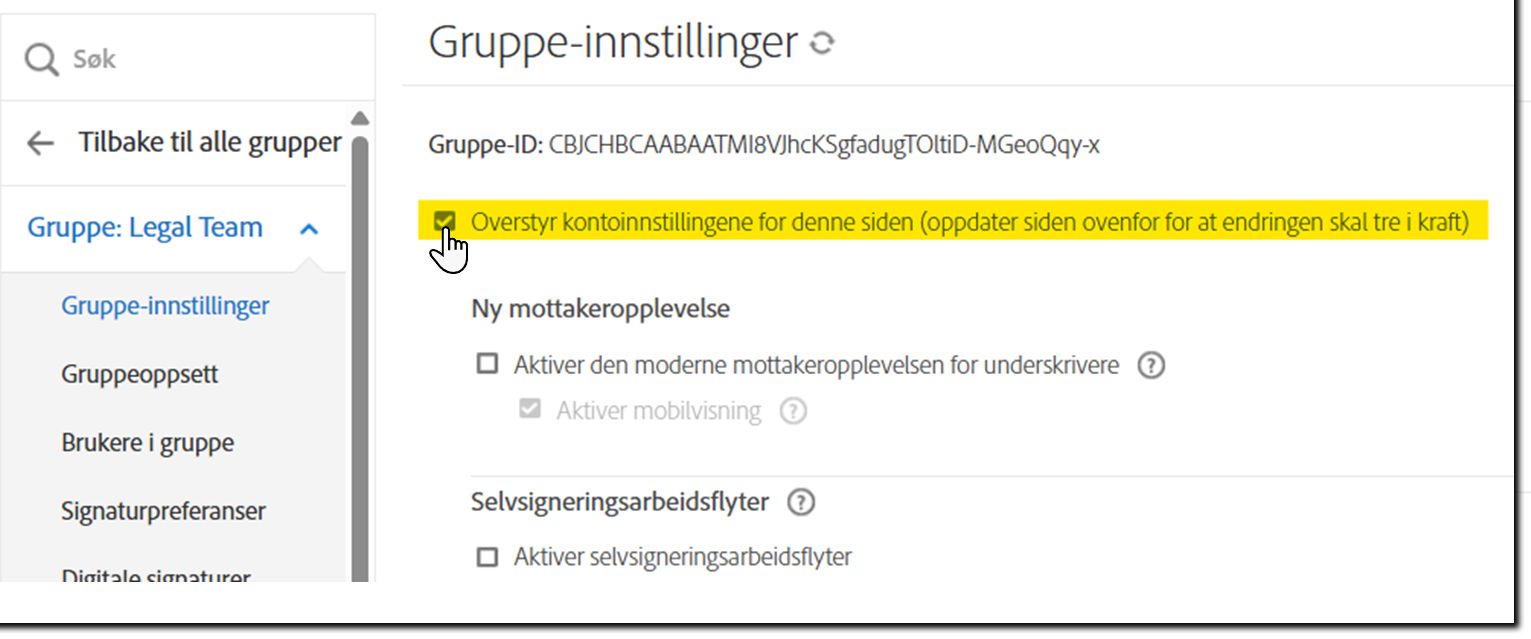 Gruppeinnstillingssiden som fremhever avkrysningsboksen for overstyring.