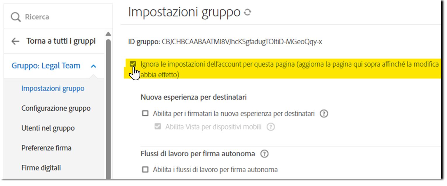 La pagina delle Impostazioni del gruppo con la casella di controllo per sostituire evidenziata.