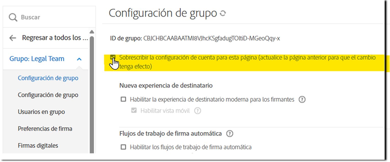 La página de Configuración del grupo resaltando la casilla de anular.