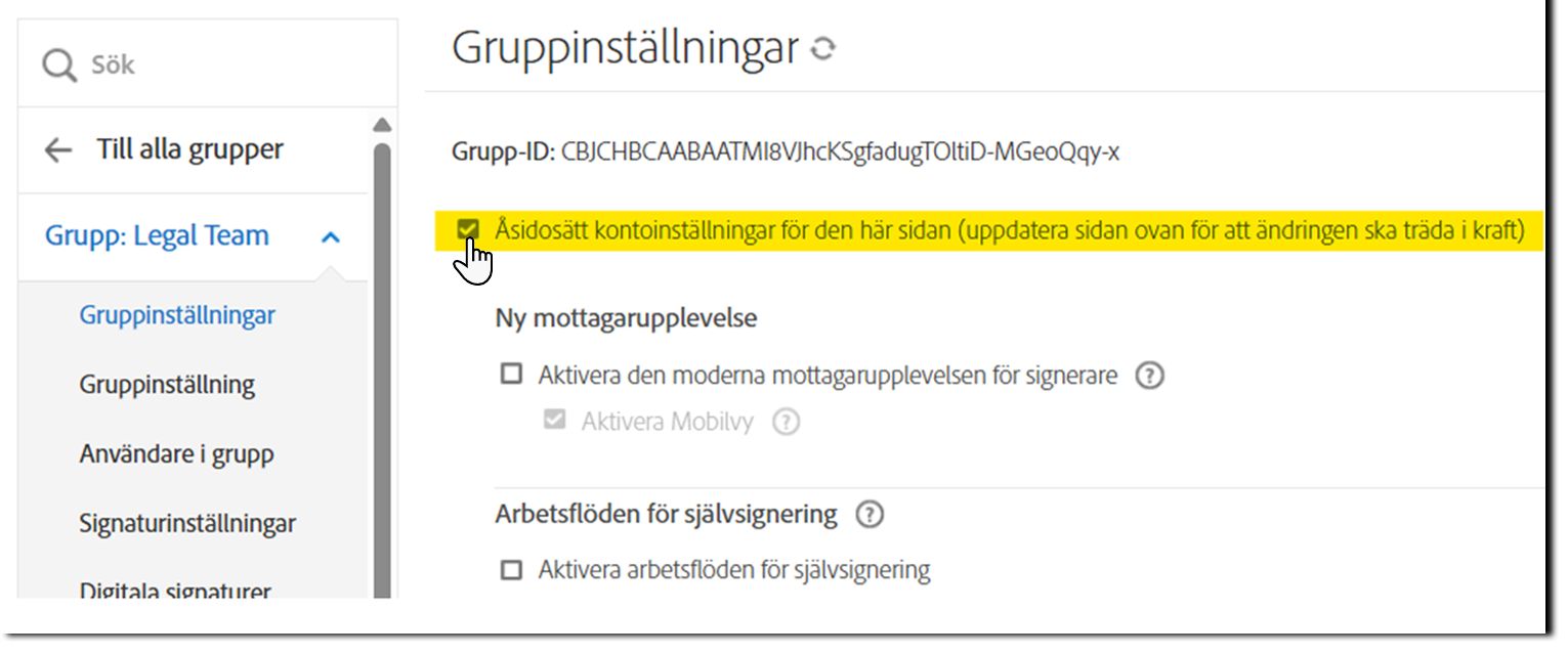 Gruppinställningssidan som markerar kryssrutan för åsidosättning.