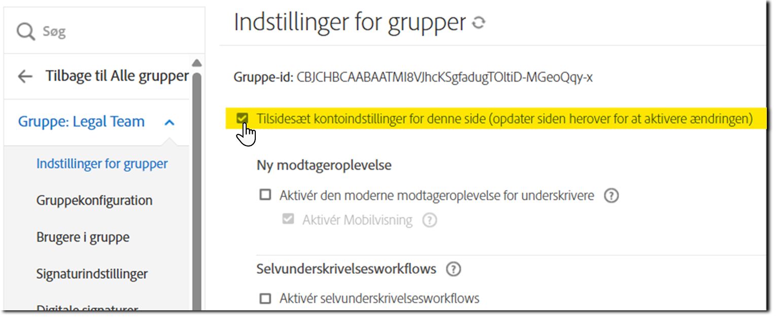 Siden Gruppeindstillinger med fremhævning af afkrydsningsfeltet Tilsidesæt.