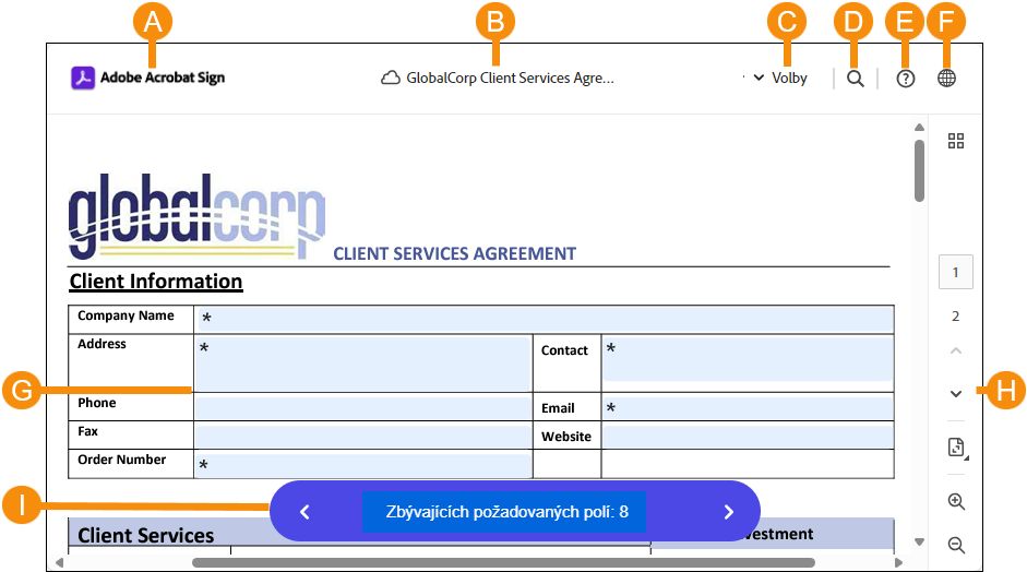 Stránka elektronického podpisu se zvýrazněnými interaktivními oblastmi