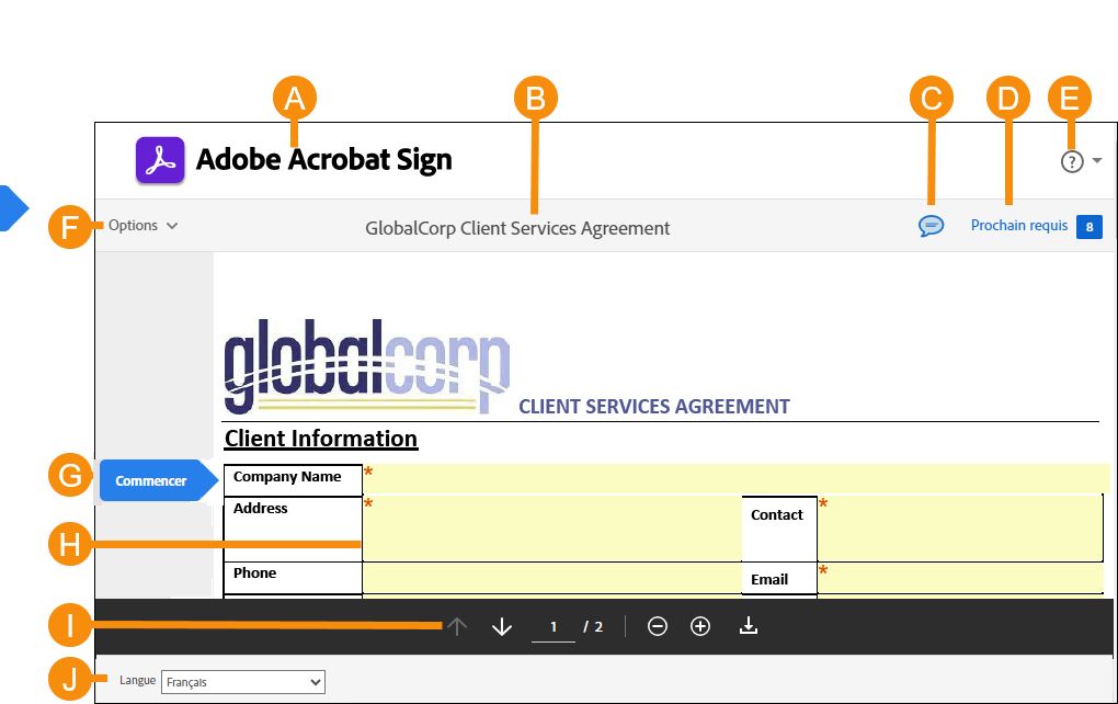 Page de signature électronique avec les zones interactives mises en surbrillance