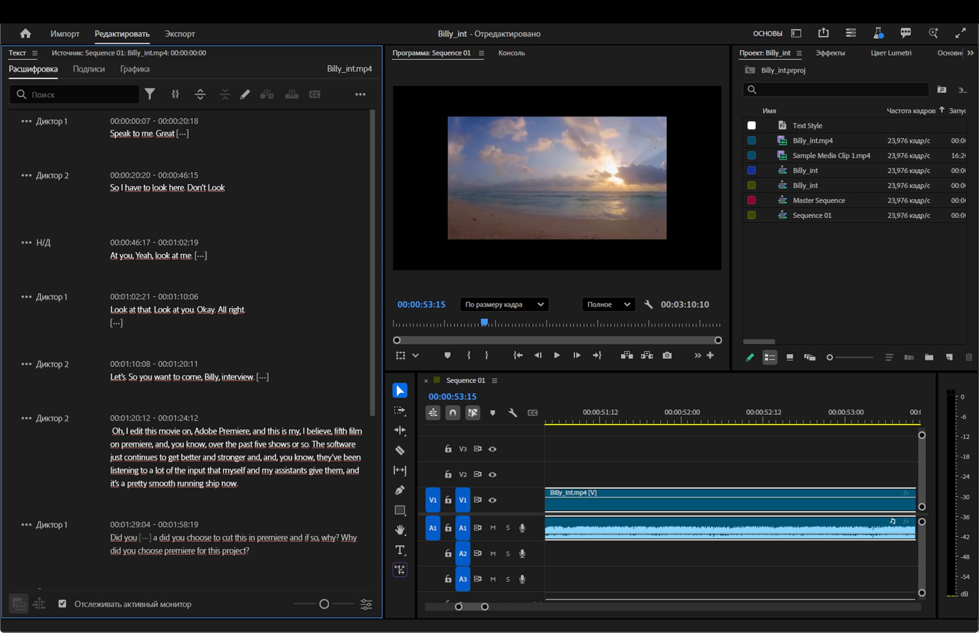 Программный монитор содержит видеоклип и отображает несколько видео- и аудиодорожек на временной шкале.Вкладка «Расшифровка» содержит текст с временными кодами.