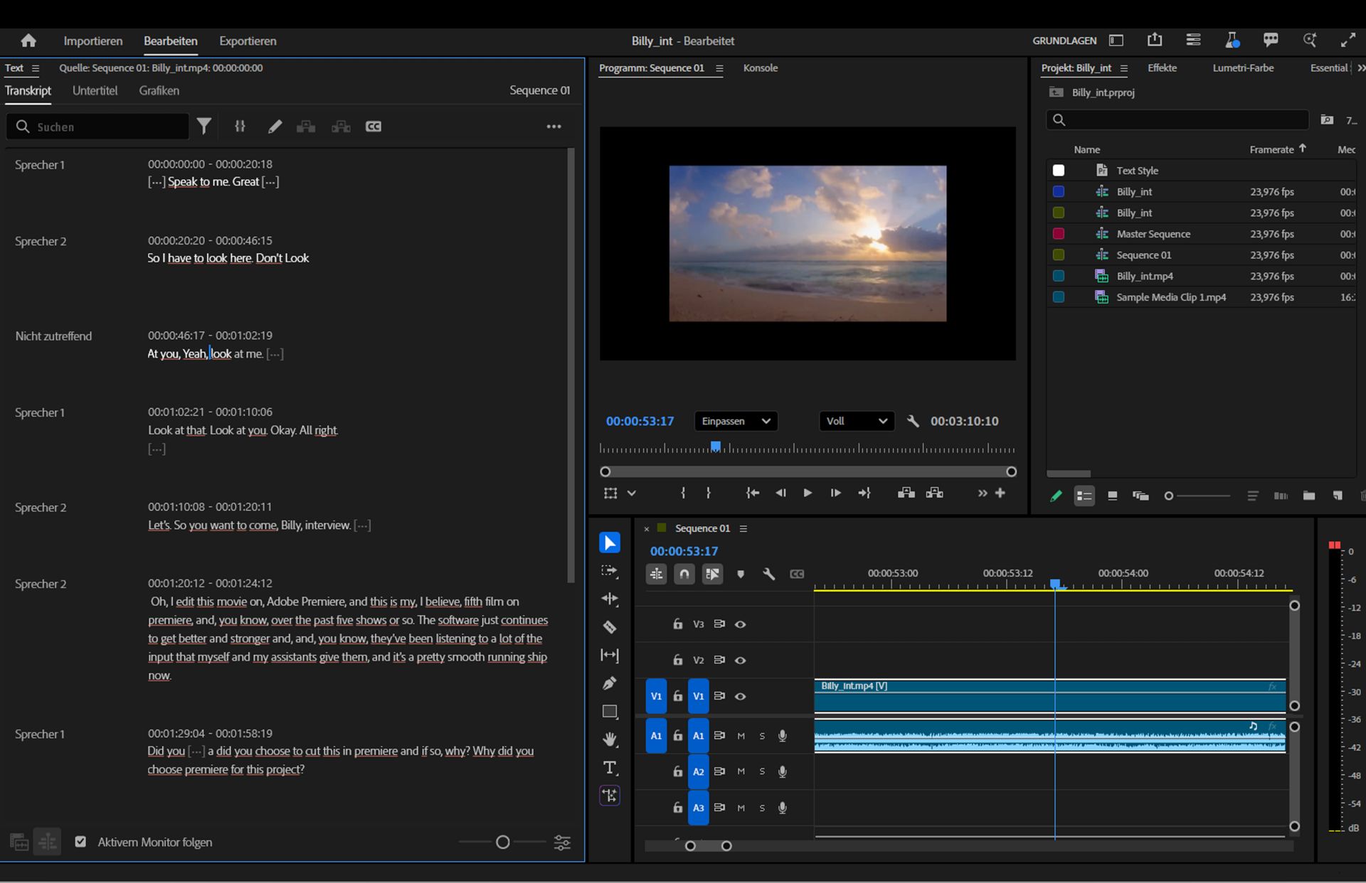 Der Programmmonitor zeigt einen Video-Clip und mehrere Video- und Audiospuren im Schnittfenster an.Die Registerkarte „Transkript“ enthält Text mit Timecodes.