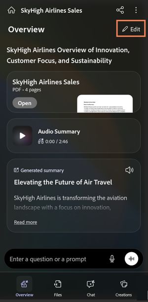 Overview page of PDF Space showing an Audio Summary card and a Generated Summary with a prompt field for asking questions.