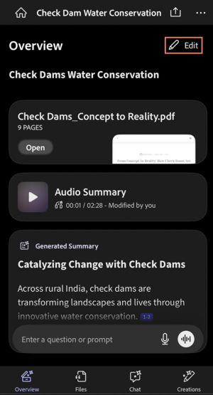 Oversigtsvisning af en PDF med titlen "Check Dams_Concept to Reality.pdf", der viser et audioresuméskort og et genereret resumé med et promptfelt til at stille spørgsmål.