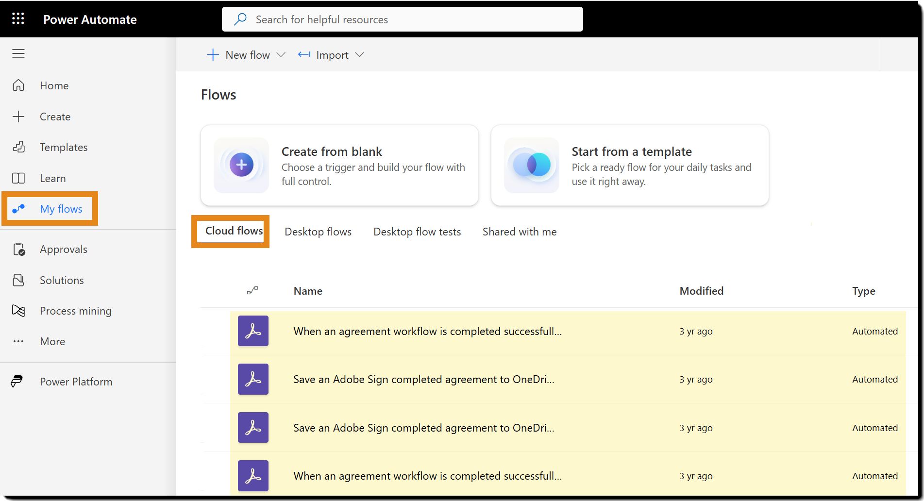 Power Automate-brugergrænsefladen fremhæver indstillingen Mine flows.