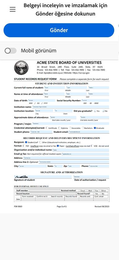 PDF görünümünü gösteren Mobil tarayıcı.