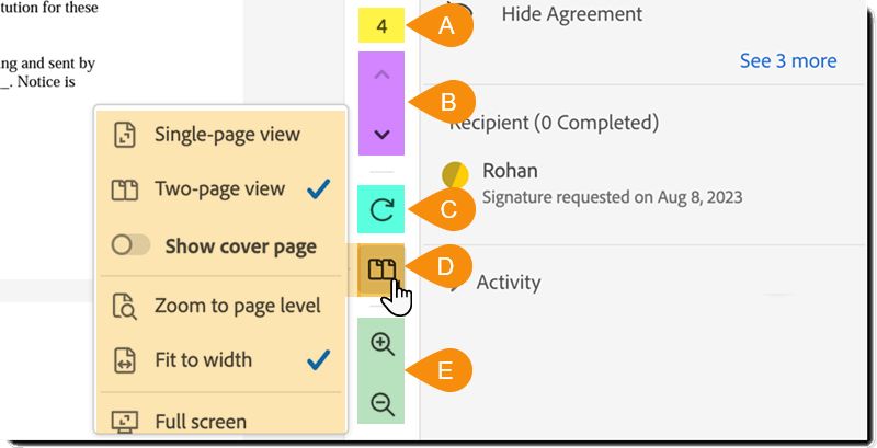 ページ番号、ページナビゲーション、ページの回転、1 または 2 ページ表示、倍率コントロールを含む PDF コントロール。