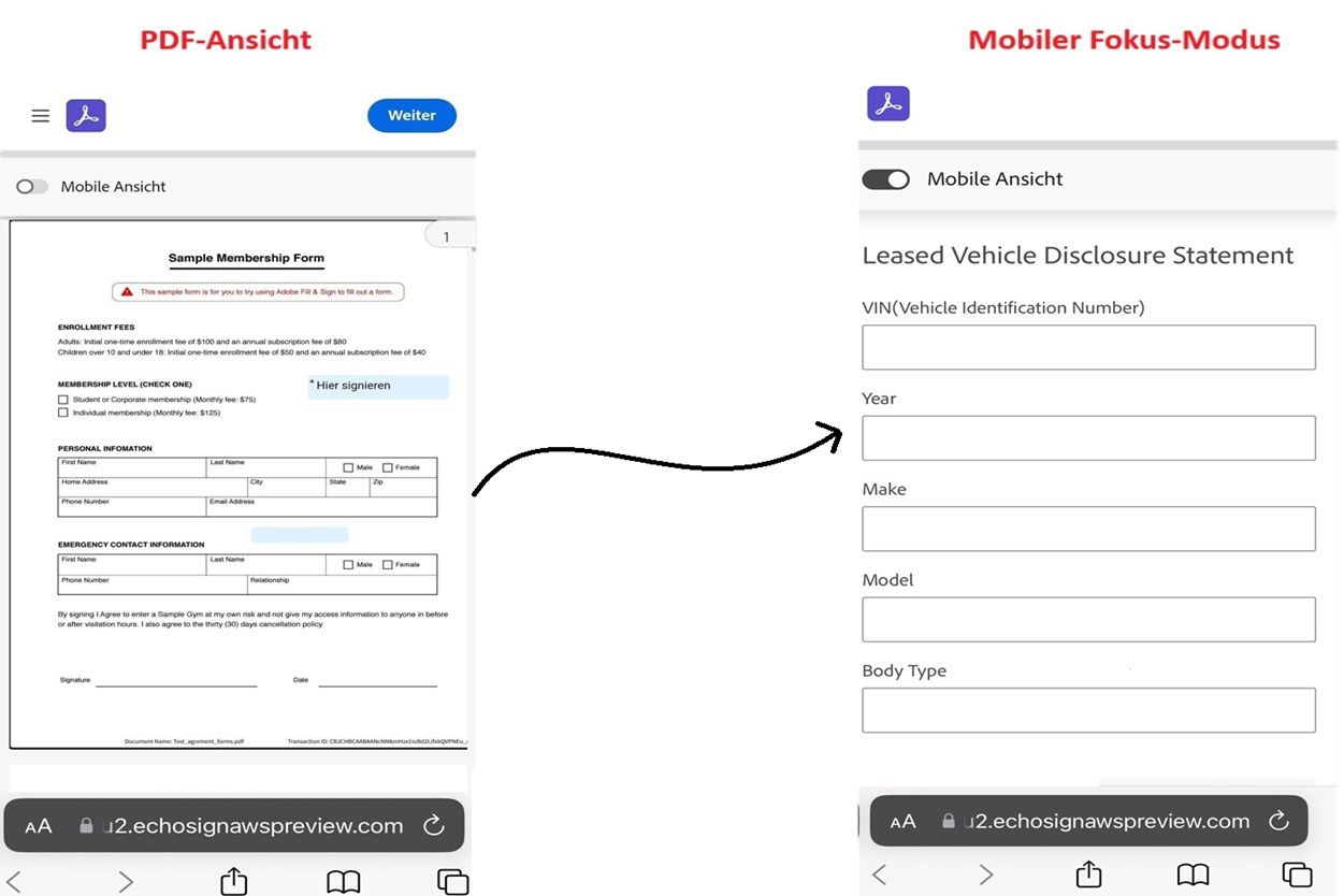 Vergleich der PDF-Ansicht und der Ansicht mit Fokus für Mobilgeräte