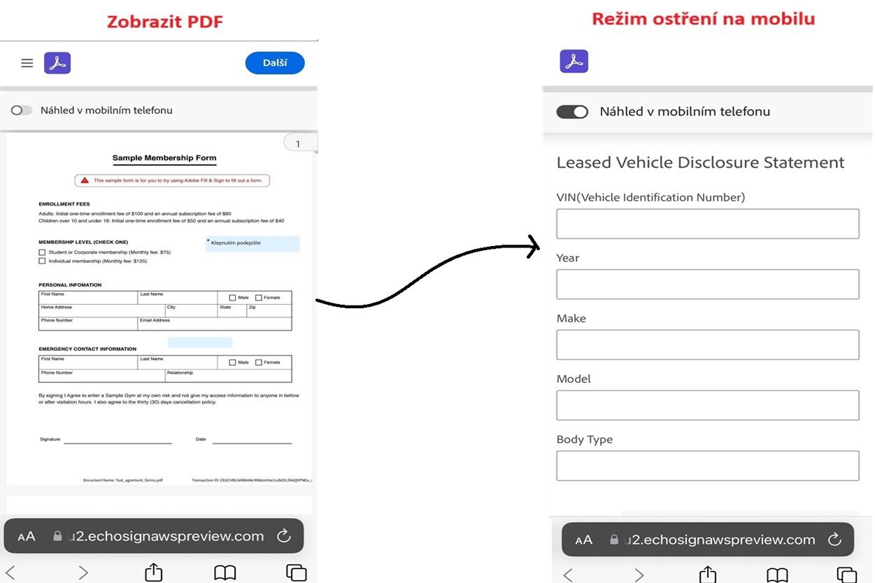 Zobrazení PDF a Mobile Focus vedle sebe