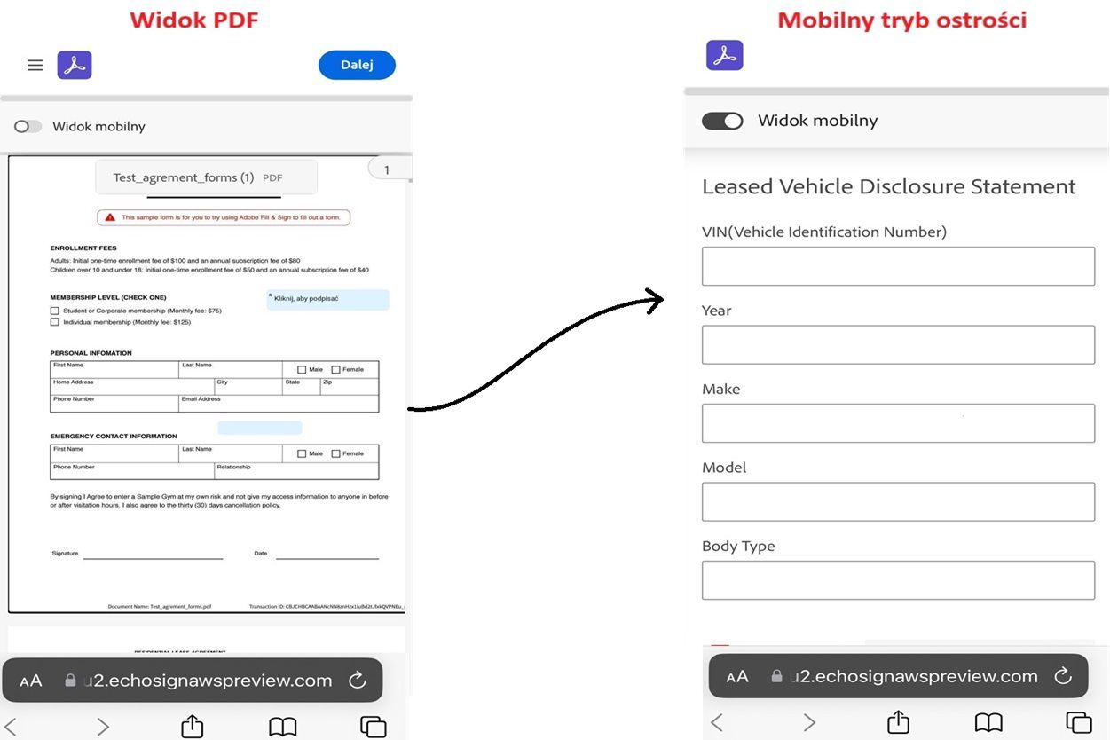 Zestawienie obok siebie widoku PDF i widoku mobilnego