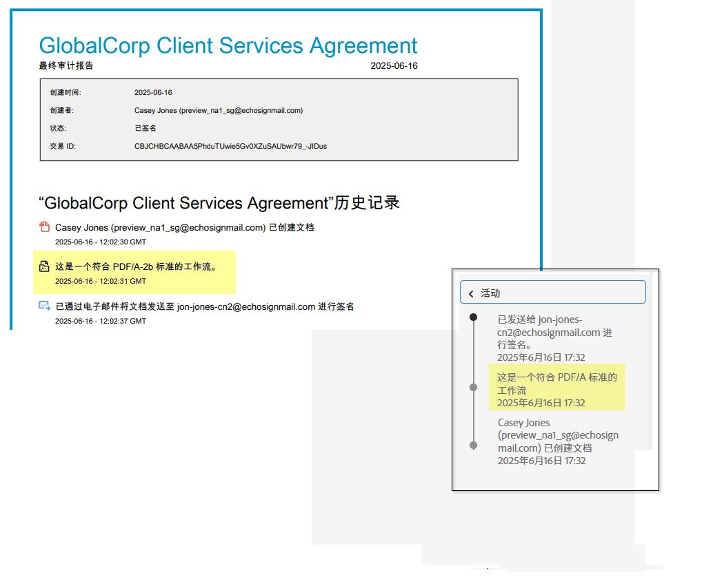 突出显示 PDF-A 标准事件的审核报告