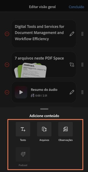 Visão geral do PDF Space mostrando arquivos em um espaço de trabalho e um menu de inserção com opções como texto, arquivos, notas, podcasts e resumos.