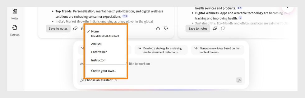 PDF Space chat panel na nagpapakita ng mga opsyon para pumili ng espesyalistang AI Assistant, tulad ng Analyst o Entertainer para sa personalized na mga insight.