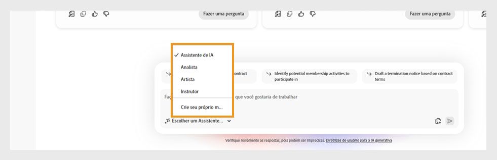 Painel de chat do PDF Space mostrando opções para selecionar um Assistente de IA especialista, como o Analista ou Apresentador para insights personalizados.