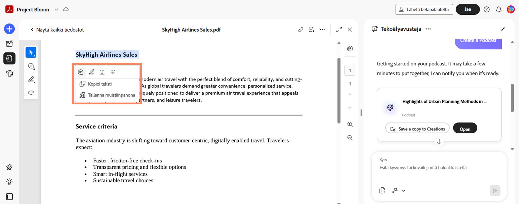 PDF Space, jossa asiakirja on avoinna valitun tekstin ja tilannekohtaisen valikon kanssa, vieressään Tekoälyavustajan paneeli ideoiden ja vastausten generoimiseen.
