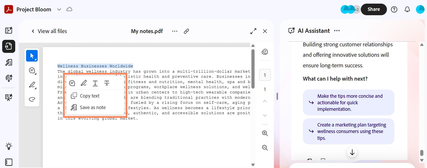 PDF Space na nagpapakita ng bukas na dokumento na may napiling text at contextual menu, kasama ang AI Assistant panel para sa paggawa ng mga ideya at tugon.