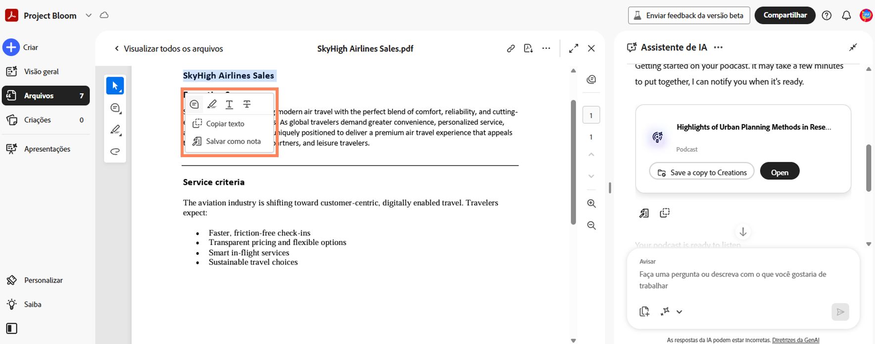 PDF Space mostrando um documento aberto com texto selecionado e um menu contextual, junto com um painel do Assistente de IA para gerar ideias e respostas.