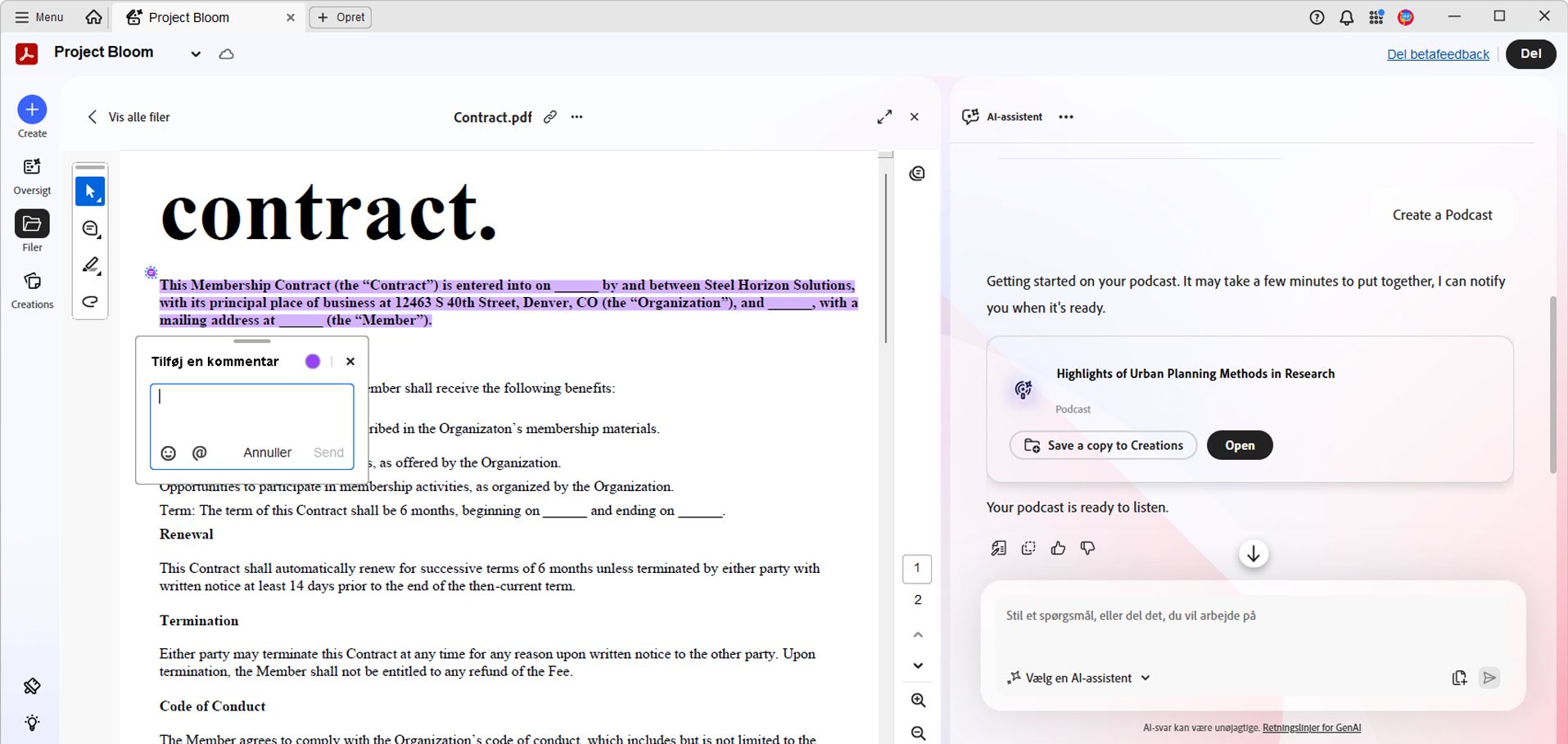 PDF Space med et åbent dokument, der viser en tilføjet kommentar, sammen med et AI-assistentpanel, der bruges til at stille spørgsmål og generere vejledning.