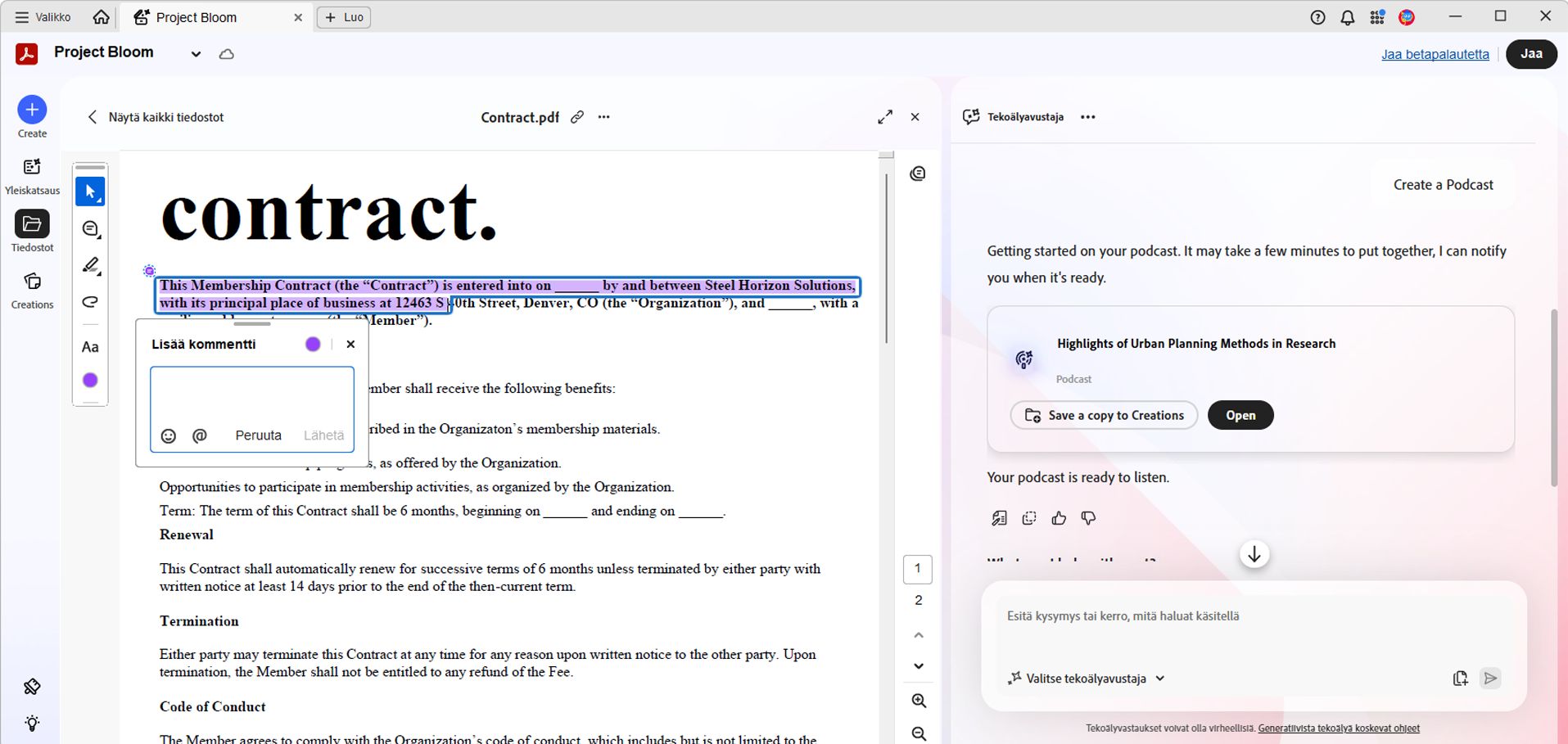 PDF Space, jossa asiakirja on auki ja nkyvissä on lisätty kommentti sekä Tekoälyavustaja-paneeli, jota käytetään kysymysten esittämiseen ja ohjeiden generoimiseen.